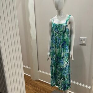 Elegant Green and Blue Floral Dress / Side Pockets